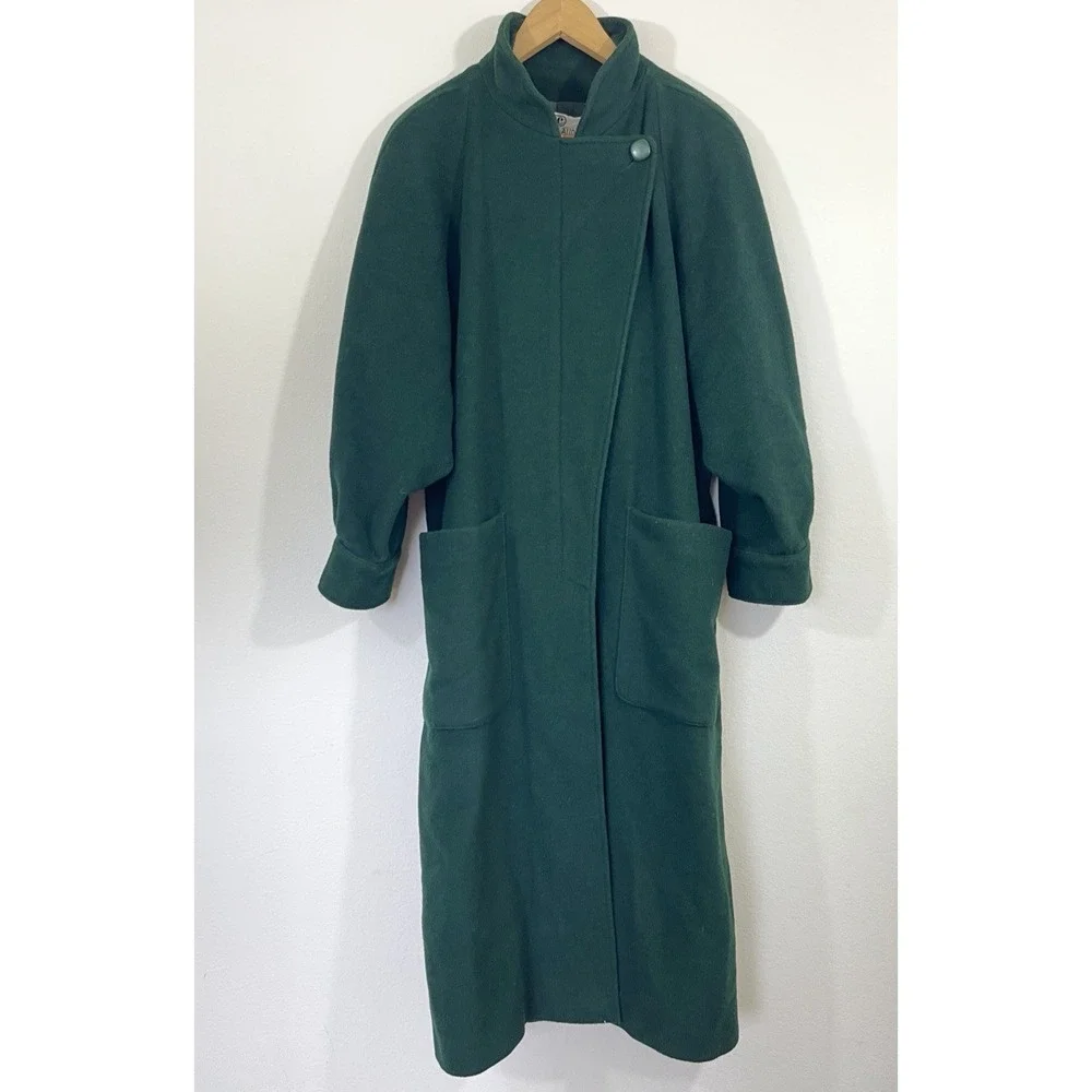 VTG 80s Jean Claude Paris Womens Wool Batwing Oversized Coat Size 42 Dark Green